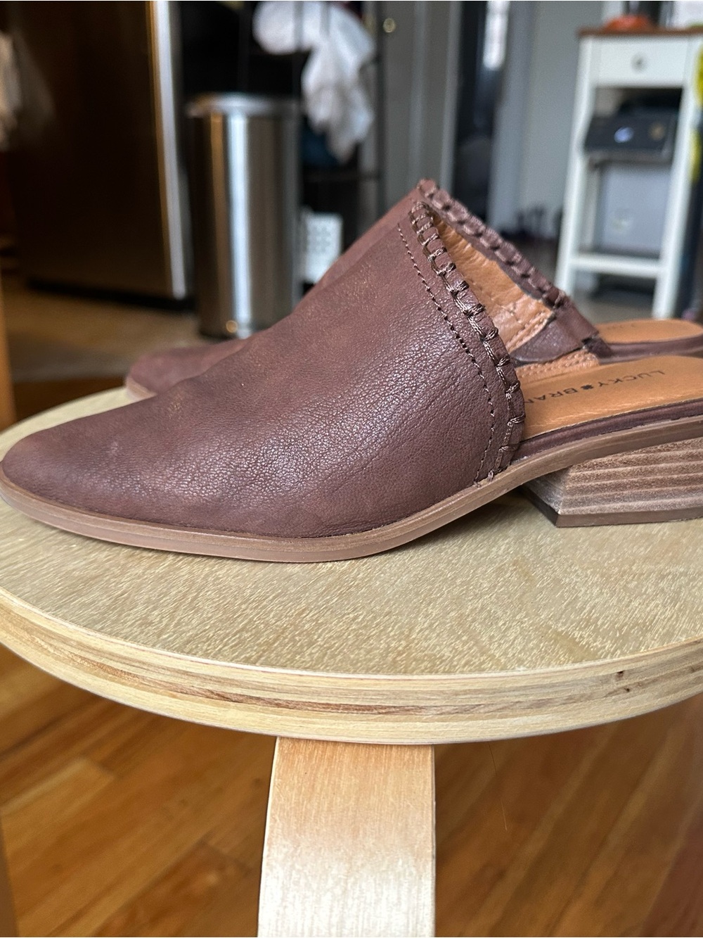 Lucky Brand Brown Leather Slip-On Mule with Stacked Heel